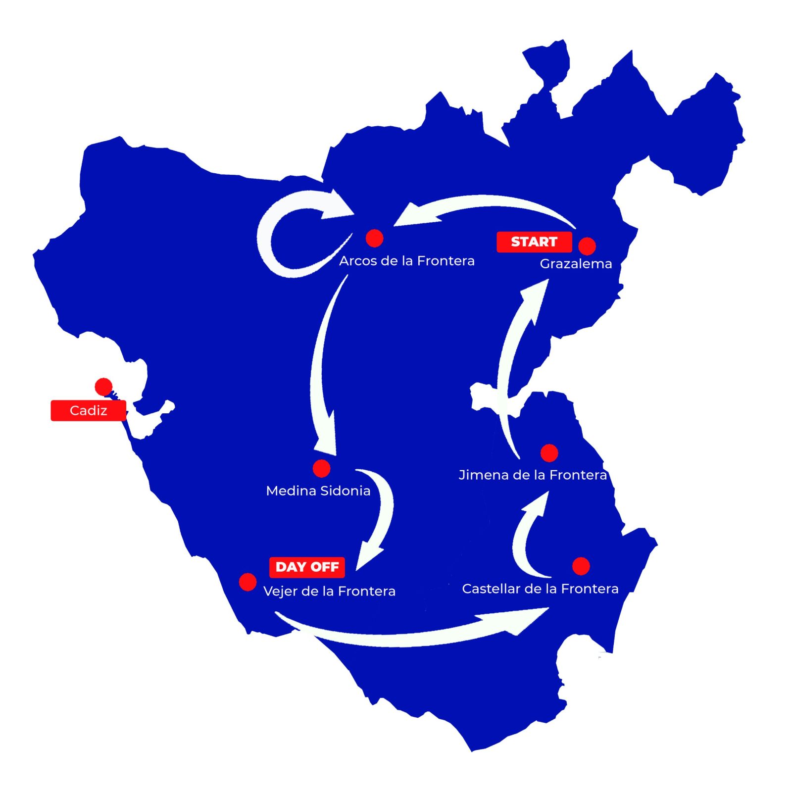 Kaart met etappes van De 5 Fronteras fietsvakantie